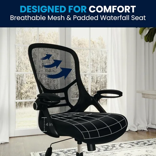Miniatura 12 de Flash Furniture Porter - Silla de oficina giratoria ergonómica de malla negra con marco negro y brazos abatibles