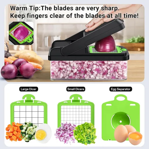 Miniatura 4 de SpaceHacks Picador de verduras 12 en 1, utensilios de cocina con 7 cuchillas, para verduras, alimentos, picador de cebolla, cortador de pepino, Verde
