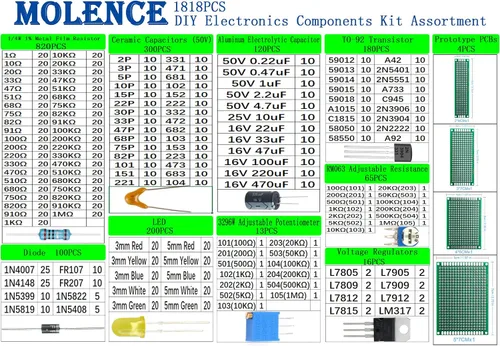Miniatura 2 de Surtido de kit de componentes electrónicos DIY, resistencias 1818PCS, LED, triodo, condensadores, diodos, PCB, potenciómetro, resistencia variable