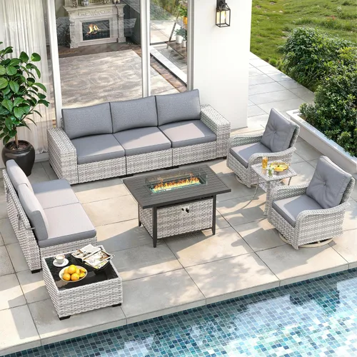 Miniatura 34 de Juego de muebles de mimbre para patio al aire libre de 3 piezas, sillas de patio giratorias mecedoras con respaldo alto con cojines gruesos de 4