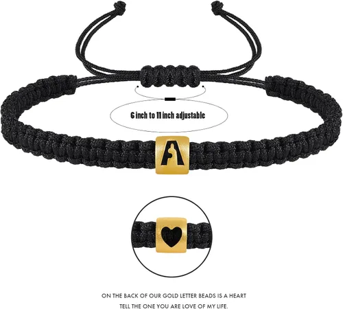 Miniatura 2 de VIBILIA Initial Bracelets for Women Men Teen Boys Girls Woven Rope Braided Letter Bracelet Gold 26 Alphabet Handmade Adjustable Black String