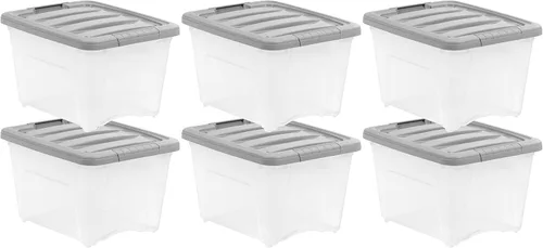 Miniatura 10 de Amazon Basics Contenedores de almacenamiento de plástico con tapas de cierre seguro, cubos organizadores apilables, transparente/gris, 5 cuartos