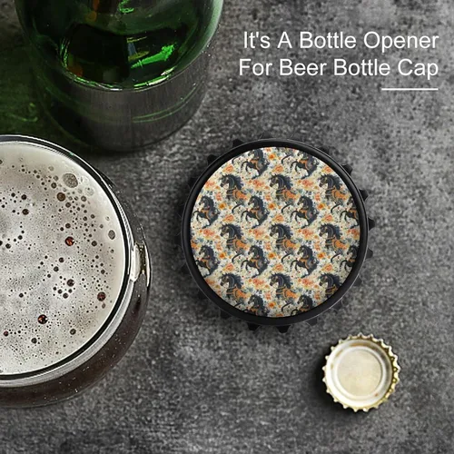 Miniatura 2 de Abrebotellas magnético de cerveza, diseño de caballo negro con flores vintage, portátil, con una sola mano, pequeño abrebotellas magnético