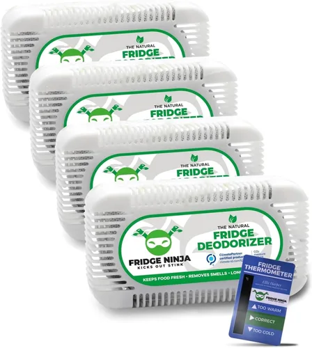 Fridge Ninja - Desodorizador para nevera (paquete de 4), más eficaz que el bicarbonato de sodio, desodorante de carbón activado natural y sin