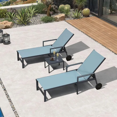 Miniatura 40 de PURPLE LEAF Juego de tumbonas para exteriores para 2 sillas de piscina de gran tamaño con ruedas fáciles de mover y respaldo ajustable, tumbonas