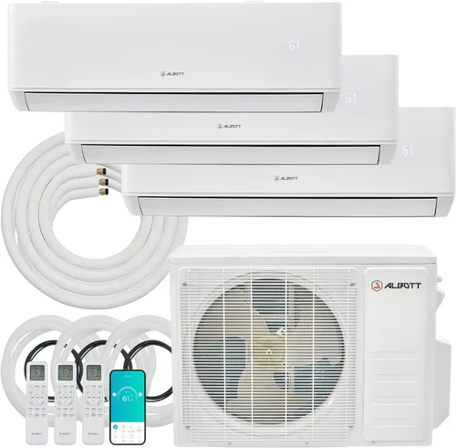 Albott Sistema de calefacción mini Split AC/calefacción, 28,000 BTU ODU, 22 SEER2 3 zonas 12K+12K+12K BTU bomba de calor inversora sin conductos,