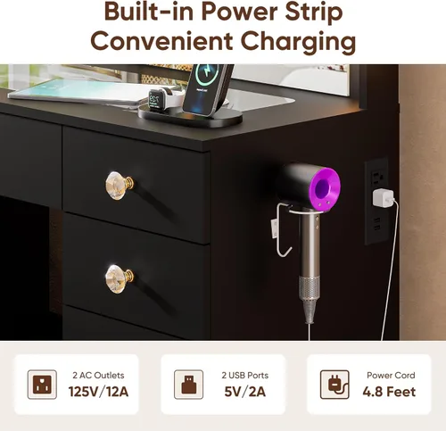 Miniatura 6 de DINGIPP Tocador de 42.1 pulgadas con espejo grande y 10 luces LED, escritorio de tocador con tope de cristal, 11 cajones con asas de cristal