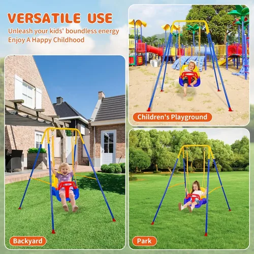 Miniatura 7 de Juego de columpios 3 en 1 para niños pequeños, juego de columpios para bebés con soporte plegable de metal para jugar al aire libre/interior, diseño