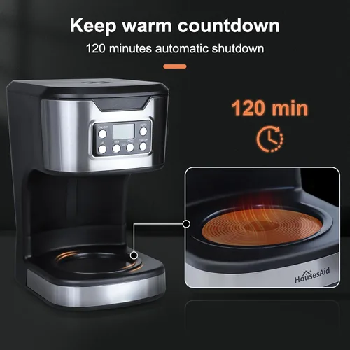 Miniatura 2 de Cafetera programable de 12 tazas, máquina de café de preparación y goteo, totalmente automática, ajuste de 1-4 tazas, de acero inoxidable, función