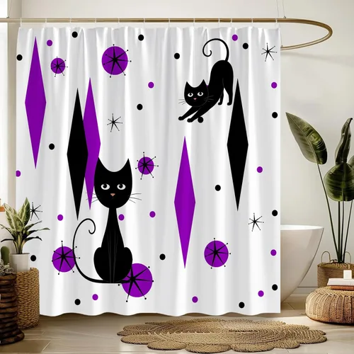 Miniatura 16 de GCTNBJL Mid Century Shower Curtain Black Cat Atomic Stars Modern Abstract Blue Black Geometric Iconic Retro 1950s 1960s Vintage 36x70(WxH) Inches