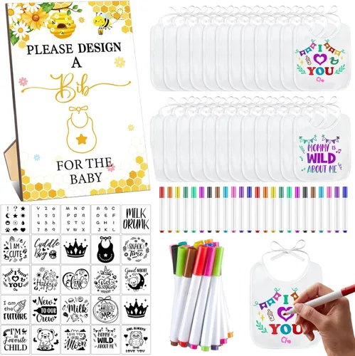 Panitay Kit de decoración de 100 baberos para bebé, 50 baberos blancos, 25 plantillas, 24 marcadores de tela, 1 letrero de juego para baby shower