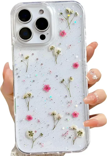 Miniatura 37 de LSEEKA Funda transparente para iPhone 13 Mini/iPhone 12 Mini con diseño de flores reales prensadas, con purpurina, bonito patrón floral blanco, Oro