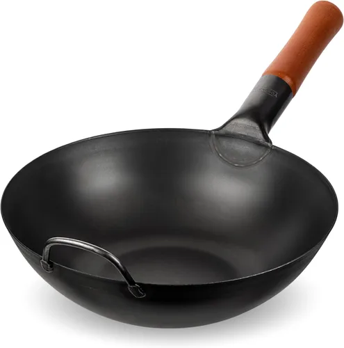 YOSUKATA Wok de acero al carbono – Woks y sartenes de 11,8 pulgadas – Wok chino con fondo plano Pow Wok – Wok tradicional chino japonés – Wok negro