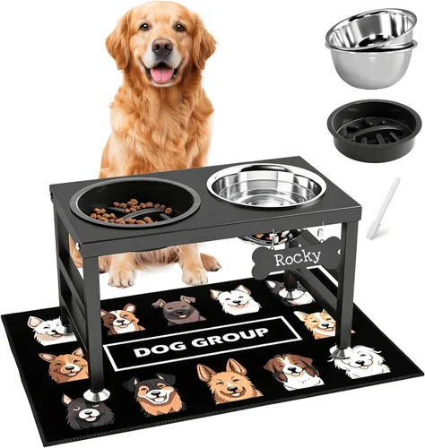 Miniatura 8 de ADENGL Tazones elevados para perros con alimentador lento, 5 alturas ajustables, antideslizante, marco de metal duradero, tapete a prueba de Negro