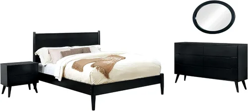 24/7 Shop at Home Chopard - Juego de dormitorio de madera contemporánea, juego de dormitorio de 4 piezas con espejo ovalado, color negro