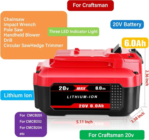 Miniatura 3 de JIALIPOK 20V 6.0Ah CMCB205 Batería de repuesto para Craftsman 20V Max Litio Ion Batería CMCB204 CMCB204-2 CMCB202-2 CMCB201 CMCB206 CMCS500B