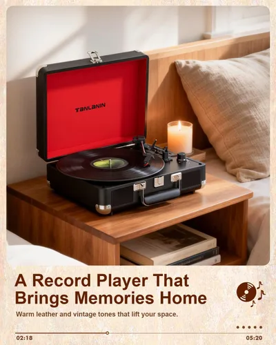 Miniatura 9 de TANALNIN - Tocadiscos de vinilo, tocadiscos portátil de maleta con Bluetooth de 3 velocidades con altavoces integrados, grabación USB, salida RCA