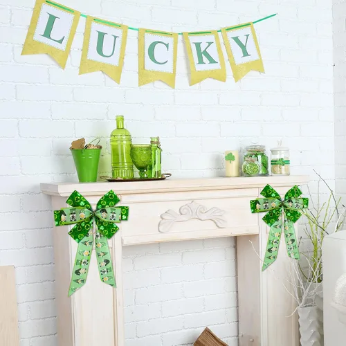 Miniatura 7 de Whaline Cinta de borde con alambre del día de San Patricio, trébol verde, gnomo, tela a cuadros, para envolver manualidades irlandesas