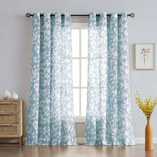 Miniatura 48 de Treatmentex Cortinas blancas y grises para dormitorio de 84 pulgadas de largo, cortinas semitransparentes con estampado de hojas para ventanas
