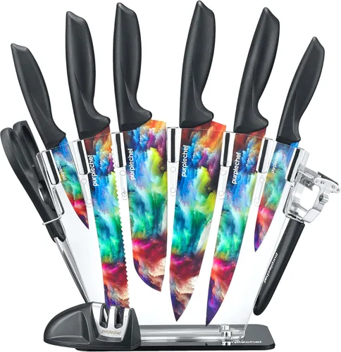 Juego de cuchillos de cocina de 10 piezas. Incluye 6 cuchillos de acero inoxidable, tijeras, afilador de cuchillos, pelador y soporte acrílico Cosmos