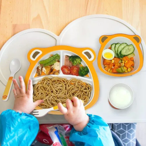 Miniatura 7 de Juego de vajilla infantil para bebés y niños pequeños, cuenco de bambú, taza, tenedor, cuchara y platos divididos, apto para lavavajillas