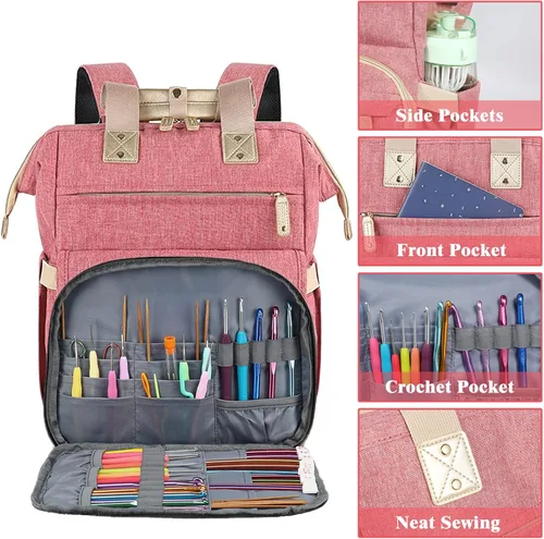 Miniatura 3 de Mochila de Ganchillo, Mochila Bolsa de Tejer Organizador de Almacenamiento de Hilo Bolsa de Ganchillo de Viaje con Puerto de Carga USB, Bolsa Tote