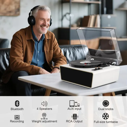 Miniatura 6 de Tocadiscos de vinilo de tamaño completo, tocadiscos Bluetooth de 3 velocidades con estilo Ruby, contrapeso ajustable, 4 altavoces estéreo
