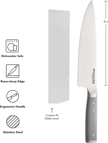 Miniatura 5 de KitchenAid Cuchillo de chef forjado gourmet con cubierta de hoja de ajuste personalizado, cuchillo de cocina afilado, hoja de acero inoxidable Gris