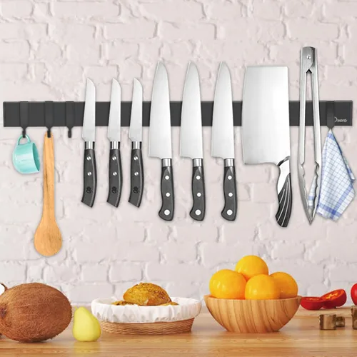 Dmore soporte magnético para cuchillos de pared—con 4 ganchos, Sin Perforación, tira magnética negra de 23 pulgadas para cuchillos, potente estante
