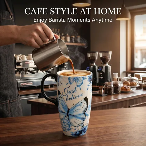Miniatura 2 de Taza de viaje de cerámica Topadorn con tapa y caja a juego, vaso de café de 17 onzas apto para microondas y lavavajillas, mariposa Solo creer