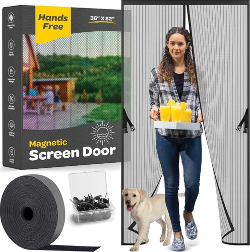 Miniatura 19 de Puerta mosquitera magnética manos libres, resistente, protector de malla de puerta de mosquitero autosellado, apto para mascotas y niños, hebilla