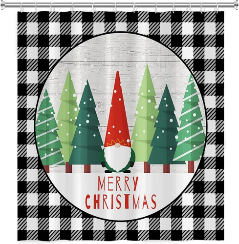 Miniatura 2 de Yeele Cortina de ducha de Feliz Navidad, diseño de rejilla blanca y negra, para invierno, árbol de Navidad, gnomo, juego de cortinas de ducha 2