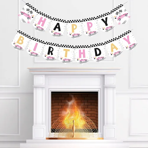 Miniatura 3 de Sursurprise Decoraciones de cumpleaños de coche de carreras para niñas, pancarta de feliz cumpleaños de coche de carreras, color rosa, suministros
