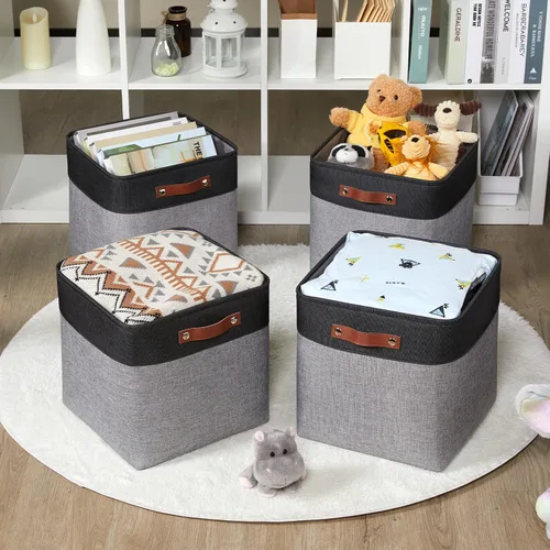 Miniatura 7 de HNZIGE Cestas de almacenamiento de 13 x 13 x 13 pulgadas (paquete de 4) cubos grandes de tela para estantes, cubos de almacenamiento para regalo