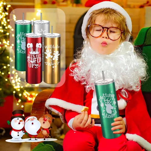 Miniatura 5 de Maxdot 4 vasos de Navidad con tapa y pajita, taza de Navidad de acero inoxidable, doble aislamiento, taza de viaje para agua, vaso al vacío