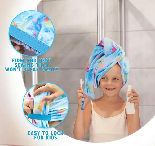 Miniatura 4 de WAWSAM Paquete de 2 toallas de secado de cabello para niños, toalla de microfibra para el cabello para niñas, gorro de pelo de secado rápido con Azul