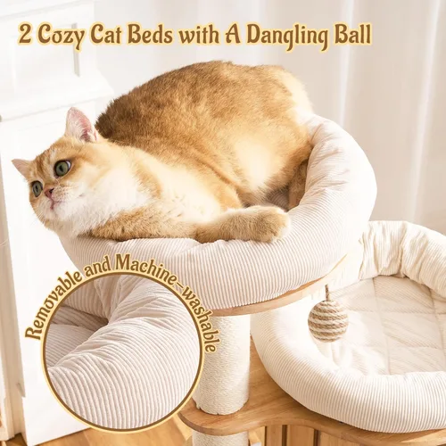 Miniatura 3 de Árbol Moderno de Madera Maciza para Gatos Adultos Grandes de Interior, Torre para Gatos de 50 Pulgadas de Alto con Postes Rascadores de Sisal, 50.0