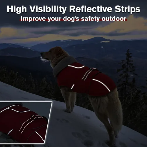 Miniatura 3 de Lelepet Abrigo cálido para perros – Chaleco reflectante impermeable de vellón con hebilla ajustable de gancho y bucle, chaqueta de invierno Rojo