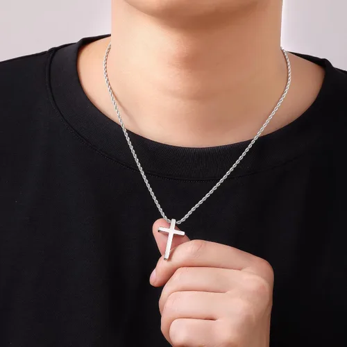 Miniatura 9 de Fiusem Collar de cruz para hombre, collar con dije de cruz en tono plateado y cadena de cruz para hombres y niños, collar de cruz de acero