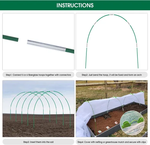 Miniatura 7 de 72 piezas de aros de jardín para cama elevada, 12 juegos de aros de invernadero de 2.4 metros de largo, túnel de cultivo, aros de soporte de fibra