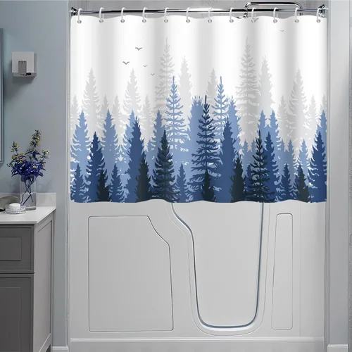 Miniatura 8 de Cortina de Ducha y Ventana, Cortina Verde y Gris de Bosque Pequeña y Corta Impermeable para Baño con Ganchos, 30x36 Pulgadas