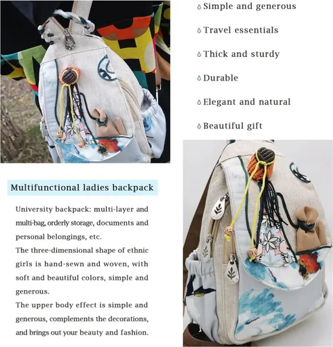 Miniatura 146 de HUANGGUOSHU Mochila de algodón tejida de algodón bohemio con bordado de lona estilo bohemio con múltiples bolsillos retro linda mochila cartera