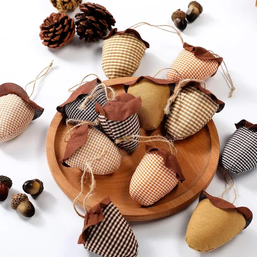 Miniatura 8 de Hiboom 12 adornos de calabaza de fieltro de otoño para decoración 3D de Acción de Gracias, 6 estilos, tela a cuadros, bellota, adorno colgante