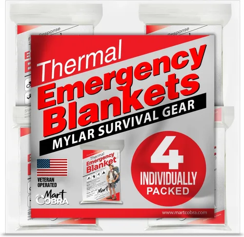 Paquete de 4 mantas de emergencia de Mylar espaciales, equipo de supervivencia y suministros reutilizables térmicos para campamento, caza, primeros