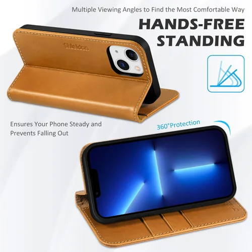 Miniatura 5 de SHIELDON Funda para iPhone 13 Mini 5G, cartera de piel auténtica, cierre magnético, ranuras para tarjetas, función atril, protección completa, Marrón