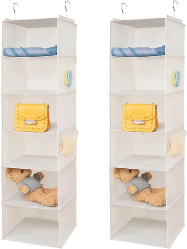 Miniatura 7 de BrilliantJo Organizador colgante de armario con 5 estantes, 2 paquetes de almacenamiento colgante con 6 bolsillos laterales para ropa y zapatos, 43