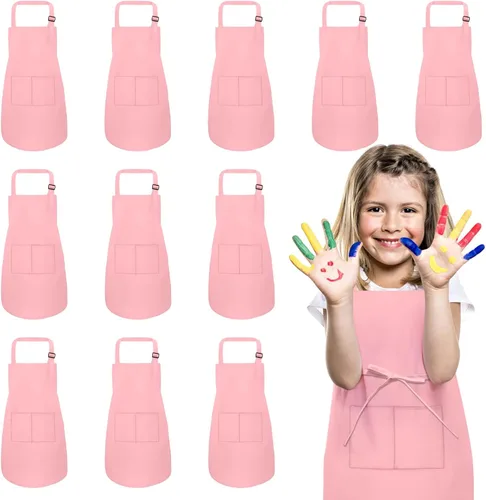 Miniatura 9 de Juego de 12 delantales para niños a granel con 2 bolsillos, delantal de chef de arte ajustable para niños, delantales de pintura para niños