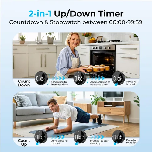 Miniatura 6 de Temporizador magnético de cocina para cocinar con alarma fuerte - Gran pantalla LED de cuenta atrás rotativa Pomodoro, preajuste de 5/15/25 minutos