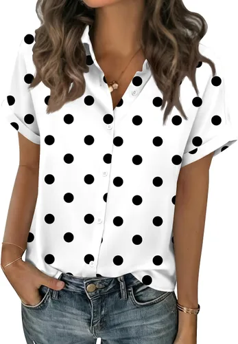 Miniatura 21 de Zeagoo Blusas de verano de manga corta para mujer, camisas casuales con botones, blusas de trabajo de negocios sólidas/a rayas