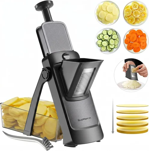 Miniatura 10 de SupMaKin rebanador de mandolina seguro para cocina, cortador de verduras y papas en forma de chips, grosor ajustable manual, artefacto de corte